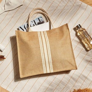 Natural Jute Woven Shoulder and Beach Bag | Eco-Friendly Summer Handbag with Striped Pocket and Magnetic Closure, Beach Bag for Women