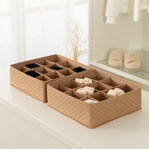 2 Piece Drawer Organizer Set Beige or Gray Fabric Foldable Storage Box for Socks Underwear Baby Clothes Ties Belts with Zipper Base