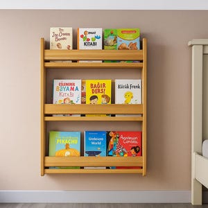 Montessori Wooden Kids Bookshelf | 3 Tier Wall Book Rack for Nursery | Natural MDF Display Shelf | Baby Room Organizer & Decor, Wall Hanging