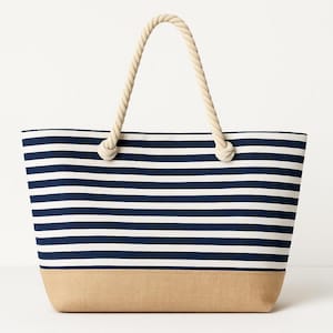 Jute Beach Bag for Women Large Striped Canvas Tote with Rope Handles – Summer Shoulder Bag for Travel, Daily Use, Picnic and Vacation Bag