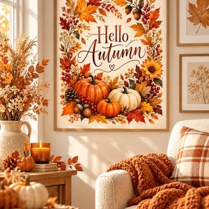 Puede incluir: Un cuadro decorativo con el texto Hello Autumn rodeado por una corona de hojas de arce naranjas y rojas, girasoles, piñas, bellotas y bayas rojas, con tres calabazas de color naranja y blanco en la parte inferior.