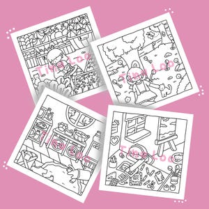 May include: Four black and white colouring pages featuring a girl in different settings. The first page shows a girl shopping for produce at a market. The second page shows a girl sitting under a tree in a park. The third page shows a girl cooking in a kitchen. The fourth page shows a girl painting in an art studio.