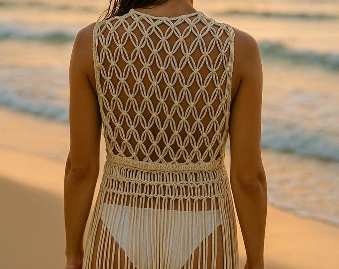 Chaleco de macramé blanco hueso hecho a mano. Kimono bohemio playa. Chaleco tejido artesanal. Moda bohemia elegante.