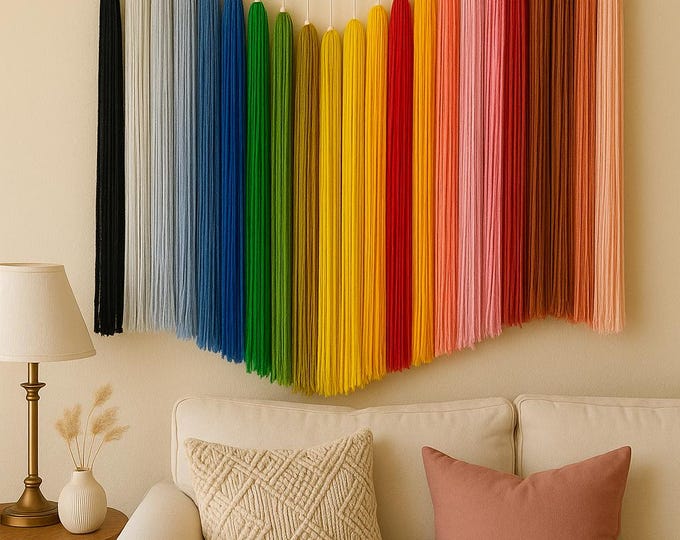 Tapiz de macramé multicolor en degradado. Decoración boho de pared hecha a mano. Adorno colgante para decoración del hogar