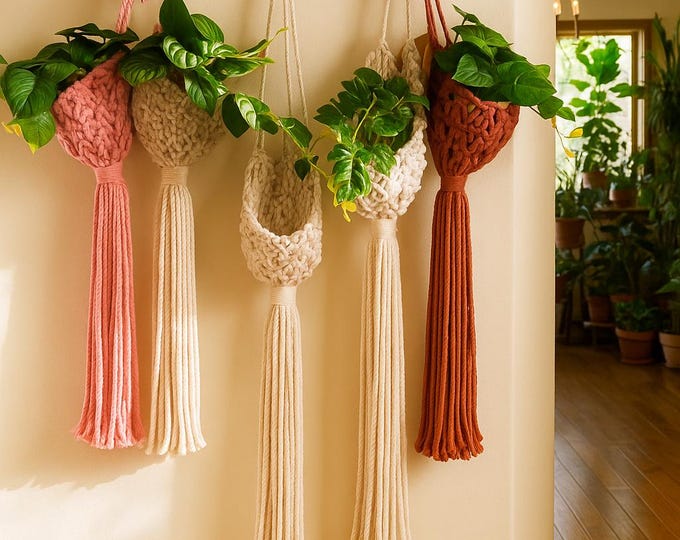Materos colgantes de macramé estilo nido. Porta macetas boho decorativos para pared. Hechos a mano