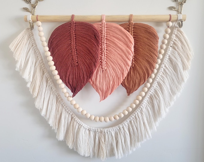 Tapiz de hojas de macramé, tapiz estilo boho, decoración de pared, decoración del hogar.