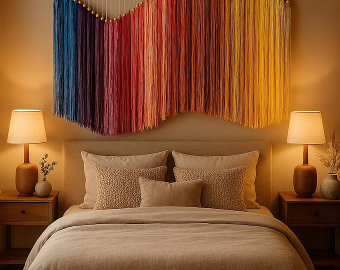 Tapiz de macramé XL multicolor. Decoración boho para pared. Arte textil degradado en arco iris. Decoración del hogar artesanal.