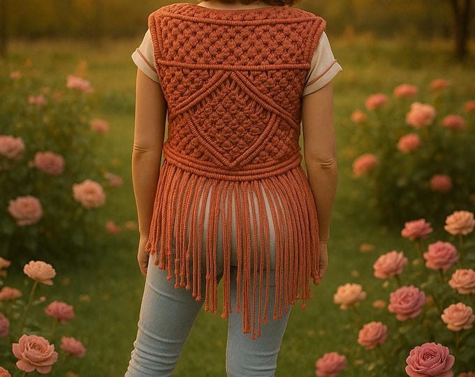 Chaleco de macramé rojo ladrillo hecho a mano. Talla M. Hecho a mano. Boho chic para mujer. Ropa artesanal estilo bohemio.