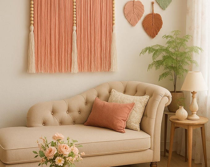 Tapiz de macramé boho color salmón. Decoración de pared con borlas y cuentas de madera, arte textil hecho a mano.