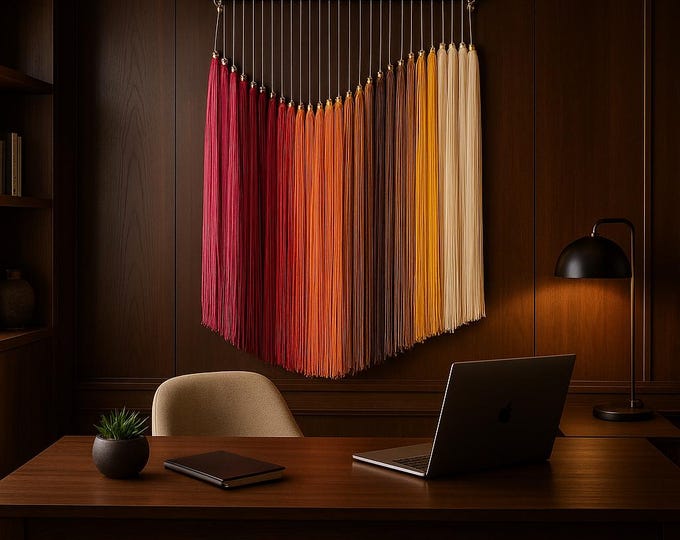 Tapiz de macramé grande en degradado de colores cálidos. Decoración boho moderna para pared, arte textil hecho a mano. Tapiz multicolor.