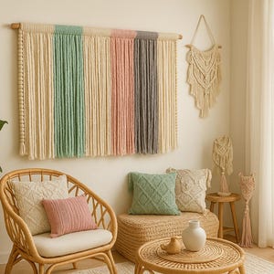 Tapiz de macramé multicolor. Decoración de pared. Estilo bohemio. Decoración del hogar. Arte textil para el hogar. Decoracion boho chic