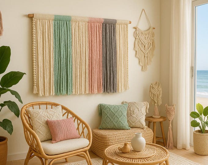 Tapiz de macramé multicolor. Decoración de pared. Estilo bohemio. Decoración del hogar. Arte textil para el hogar.