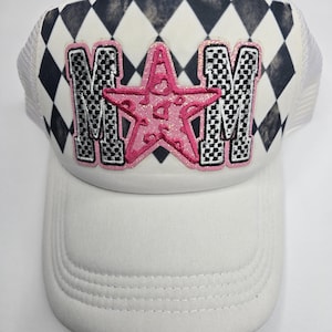 Patch Trucker Hat, features sublimation print background, with MOM Iron-on Patch. Black and White/Pink/Mom/Mommy/Mama/Stylish Hats/Fashion