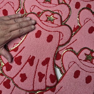 Halloween Patch! Pink, Red, & Shimmer Gold, Buckaroo, Chenille Iron-On Ghost! Decorate Your Treat Bag, Costume, Sweatshirt! DIY/Heat Press