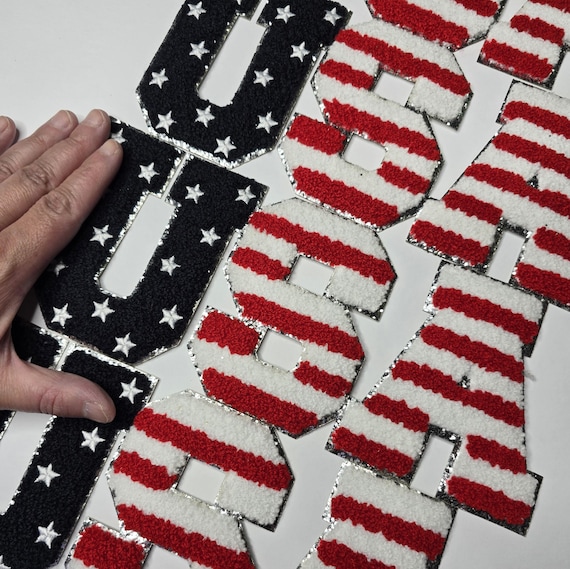 Chenille USA Patch! Red White & Blue Letters with a Silver Glitter Edge! Easy to Apply to Sweatshirts, Jackets, Bags, and More! DIY/Patches