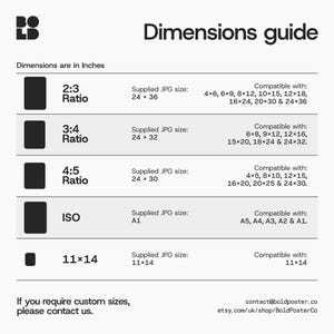 May include: A white graphic with the text "Dimensions guide" and "Dimensions are in Inches." It details print ratios, supplied JPG sizes, and compatible sizes, including 2:3, 3:4, 4:5, ISO, and 11x14. Contact information is provided.