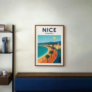 Póster de viaje de Niza - Impresión de viaje por el sur de Francia - Arte mural - Niza - Verano - Playa - Impresión detallada de alta calidad - Paseo de los Ingleses