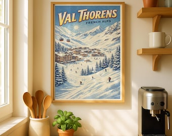 Val Thorens Ski Poster, Skiing Wall Art, Val Thorens Skiing Print, French Alps Skiing Poster, Alps Wall Art, Vintage Poster