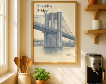Impressão da Ponte do Brooklyn, Pôster de Viagem do Brooklyn, Pôster de Viagem de Nova York, Horizonte de Nova York, Pôster da Ponte do Brooklyn, Arte da Ponte do Brooklyn, Arte de Parede