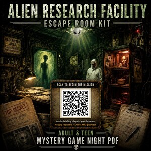 Könnte beinhalten: Ein Alien Research Facility Escape-Room-Set mit einem QR-Code zum Starten der Mission. Die Grafik enthält den Text Top Secret Project Xenos, Facility Map und Adult & Teen Mystery Game Night PDF vor einem dunklen, düsteren Laborhintergrund.
