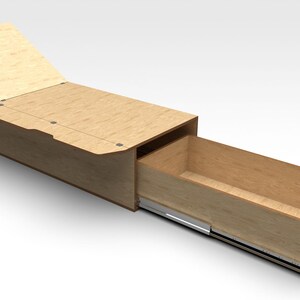 May include: A wooden storage box with a hinged lid and a pull-out drawer. The lid is open and the drawer is partially extended.