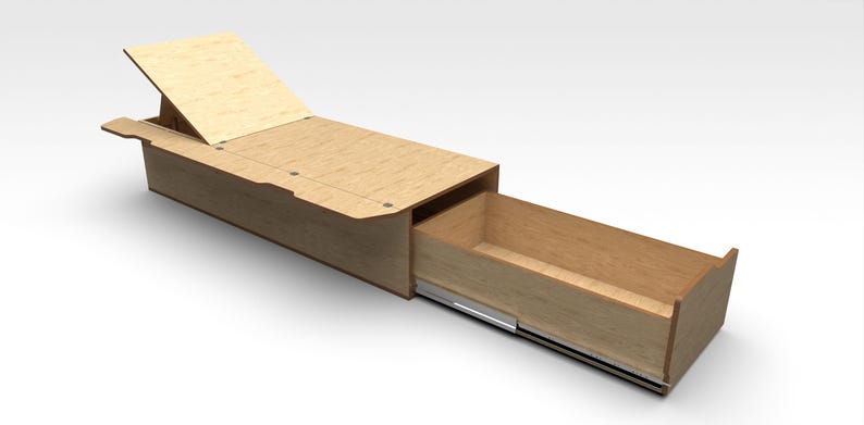 May include: A wooden storage box with a hinged lid and a pull-out drawer. The lid is open and the drawer is partially extended.