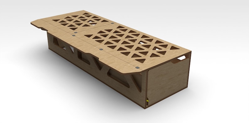 May include: A wooden storage box with a geometric pattern on the lid. The lid is open and the box is closed. The box is made of light brown wood.