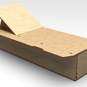 May include: A wooden storage bench with a hinged lid that opens to reveal storage space inside. The lid can be used as a seat or a table.
