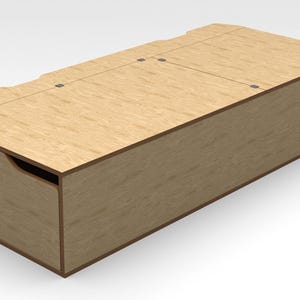 May include: A wooden storage box with a hinged lid and two smaller lids. The box is made of light brown wood and has a natural wood finish.