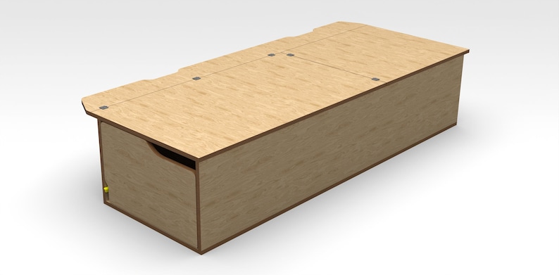 May include: A wooden storage box with a hinged lid and two smaller lids. The box is made of light brown wood and has a natural wood finish.