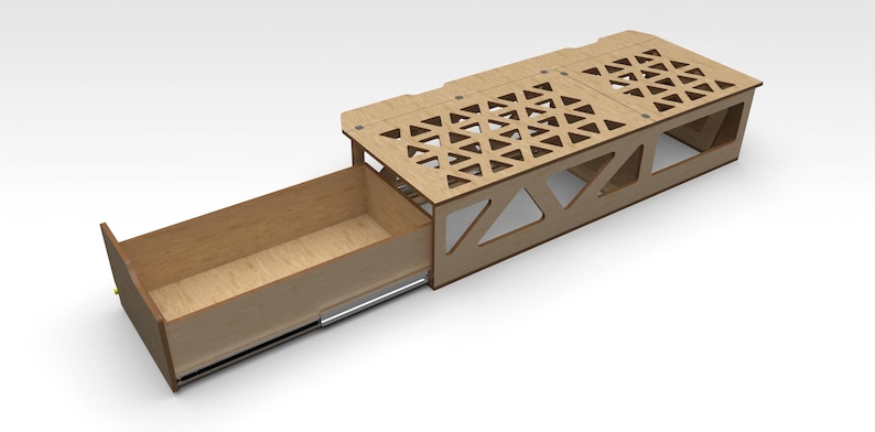 May include: A wooden storage shelf with a pull-out drawer. The shelf has a geometric pattern cut out of the wood. The drawer is open and is made of wood.