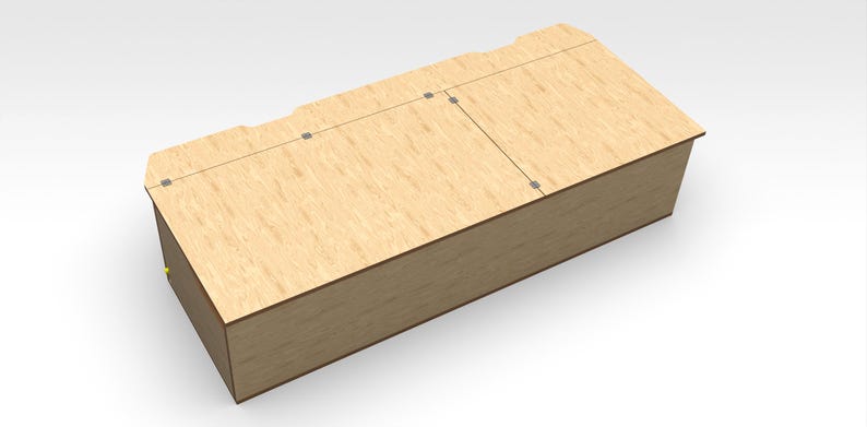 May include: A wooden storage box with a hinged lid. The lid is made of plywood and has a light wood grain. The box is closed and the lid is shut.