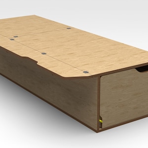 May include: A wooden storage box with a hinged lid and a pull-out drawer. The box is made of light brown wood and has a natural finish.