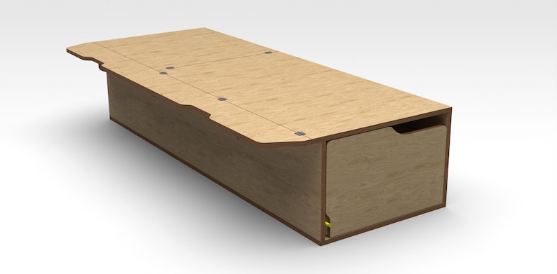 May include: A wooden storage box with a hinged lid and a pull-out drawer. The box is made of light brown wood and has a natural finish.
