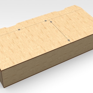 May include: A wooden storage box with a hinged lid. The lid is made of plywood and has a light wood grain. The box is closed and the lid is shut.