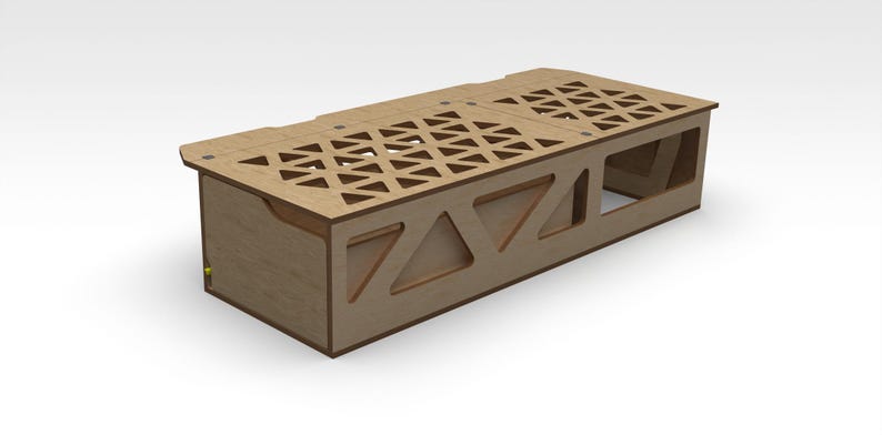 May include: A wooden storage box with a geometric pattern on the top and a cutout design on the front. The box is made of light brown wood and has a natural finish.