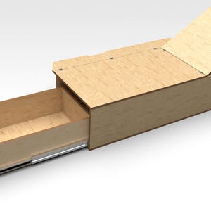 May include: A wooden storage bed frame with a lift-up top and a pull-out drawer. The top is open and the drawer is pulled out.