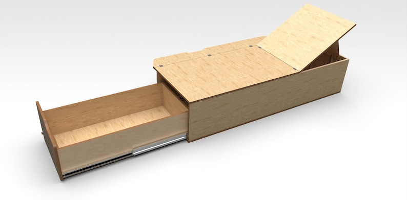 May include: A wooden storage bed frame with a lift-up top and a pull-out drawer. The top is open and the drawer is pulled out.