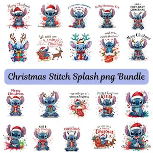 Puede incluir: Un conjunto de imágenes PNG con temática navideña que presentan al personaje Stitch en varias poses festivas. Stitch se representa con gorros de Papá Noel, cuernos de reno y sosteniendo regalos. Las imágenes incluyen texto como "Merry Christmas" y "Christmas Stitch Splash png Bundle."