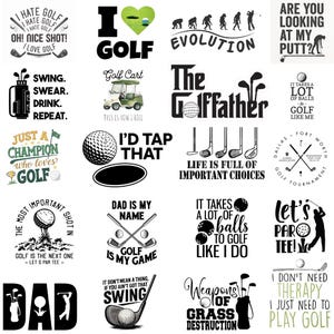 Op de afbeelding: Een verzameling golf-thema ontwerpen met verschillende tekst- en grafische elementen. Bevat zinnen als "I hate golf", "I love golf" en "Let's Par Tee!" samen met illustraties van golfballen en clubs.