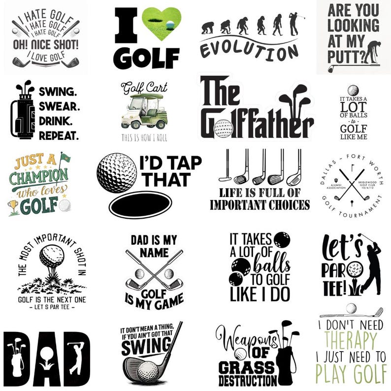 May include: A collection of golf-themed designs with various text and graphic elements. Includes phrases like "I hate golf," "I love golf," and "Let's Par Tee!" along with golf ball and club illustrations.