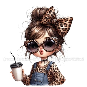 May include: Cartoon illustration of a girl with brown hair in a bun, wearing leopard print sunglasses, a bow, and a sweater. She is holding a coffee cup with a black straw. The girl is wearing denim overalls.