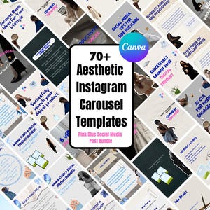 May include: Aesthetic Instagram carousel templates with the text "70+ Aesthetic Instagram Carousel Templates". The templates are designed for social media posts and include tips for side hustlers and launching digital products.