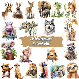 Adorable Animal PNG Clipart, Cute Animal PNG, Sweet Animal Graphics PNG, Watercolour Cute Animals Clipart, Printable Animals Clipart Bundle