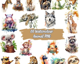 Aquarell Safari Tiere Clipart PNG Bundle - Dschungel Geschöpfe, Kinderzimmer Dekor