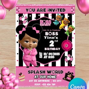 以下が含まれることがあります： ピンク色のボスベイビーの誕生日招待状。ピンク色のスーツを着た漫画のキャラクターが描かれています。「You Are Invited」、「Boss Baby」の文字と、日付、時間、場所などのパーティーの詳細が含まれています。