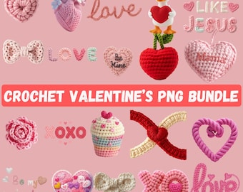 Valentines Day PNG Bundle, Faux Yarn Png, Crochet Heart Png, Coquette Bow Png, Be Mine Valentine png Bundle, Teddy Bear Crochet , Love Xoxo