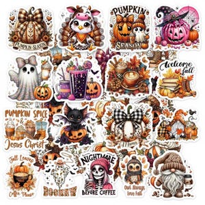 May include: A collection of colorful fall-themed stickers featuring pumpkins, ghosts, bats, and gnomes. Some stickers have text like "Pumpkin Season", "Pumpkin Spice", "Welcome Fall", and "Nightmare Before Coffee". The stickers are in shades of orange, purple, and brown.