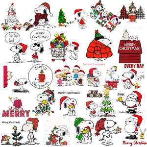 Puede incluir: Ilustraciones navideñas de Snoopy. Snoopy lleva gorros de Papá Noel y está rodeado de árboles de Navidad y regalos. El texto incluye "Merry Christmas" y "Every day is a gift". Imágenes festivas.