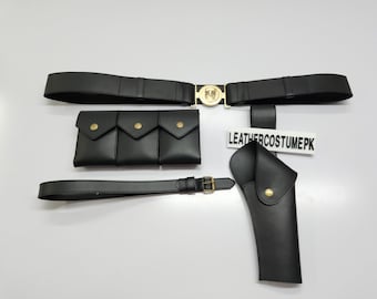 Spider Man Noir Leather Belt with 3 Pouches and Holster, Detachable Accessories, Real Leather Costume Belt for Cosplay and Collectors